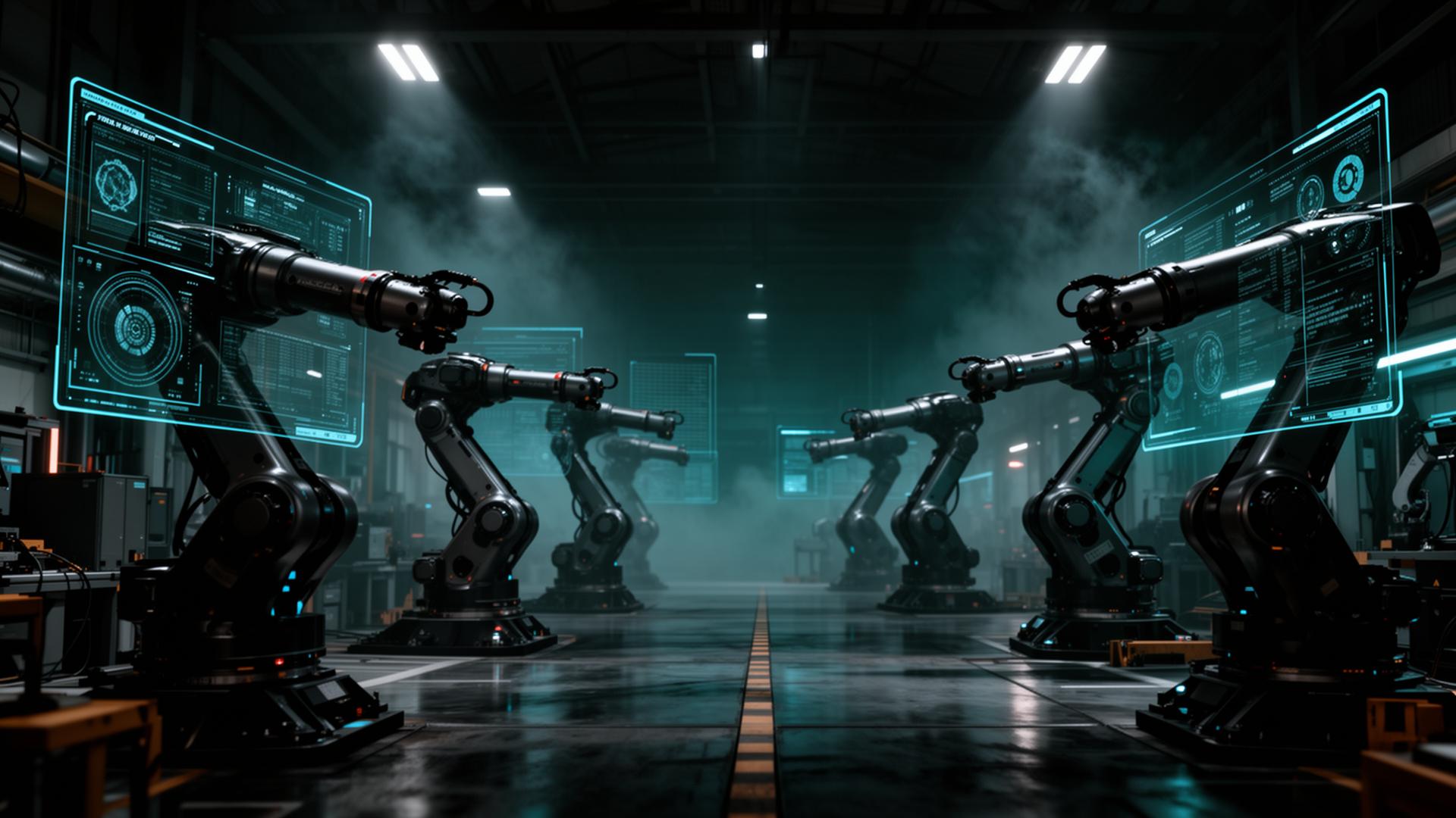 Hala produkcyjna z robotami i systemami AI